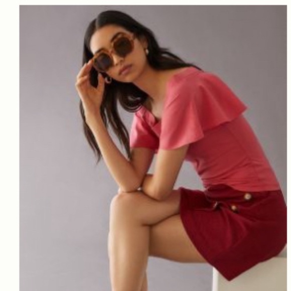 Anthropologie Maeve Off Shoulder Blouse Top Flutter Sleeve Coral Pink SMALL